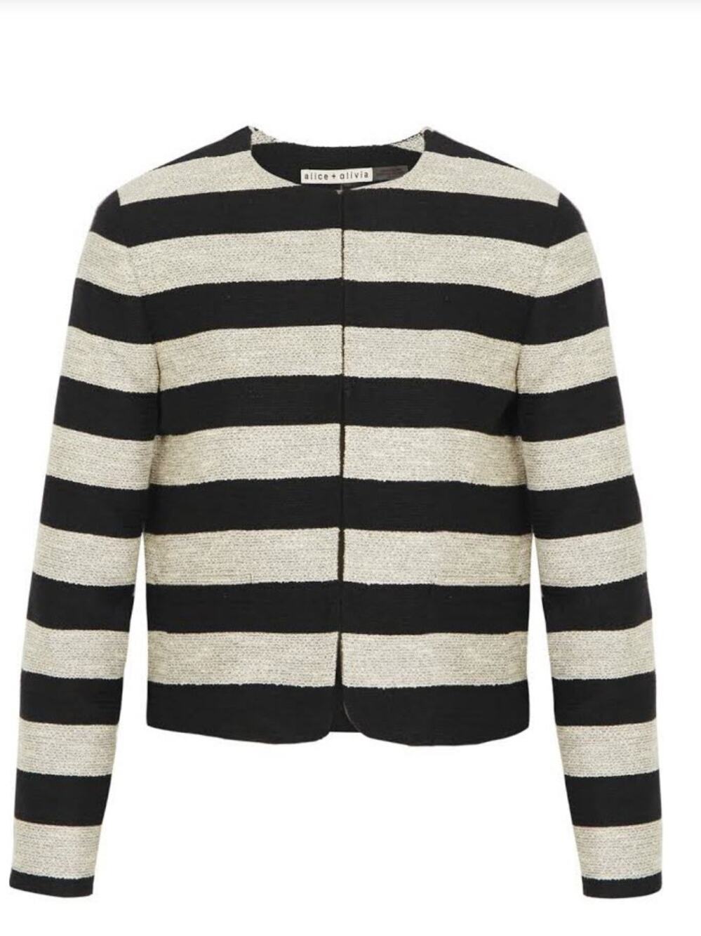 Alice + Olivia Textured Black Cream Silver Thread Horizontal Stripe Crop Jacket - Picture 1 of 10